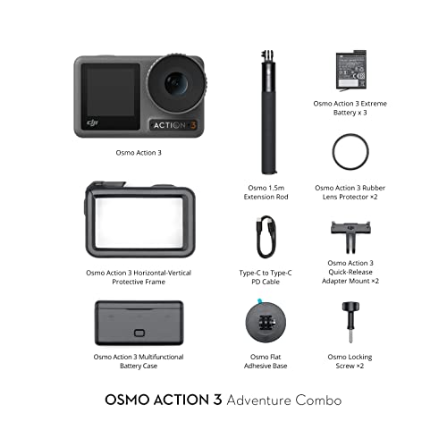 DJI Osmo Action 3 Adventure Combo, Waterproof Action Camera with 4K HDR, 10-Bit Color Depth, HorizonSteady, Cold Resistant & Long-Lasting, Extension Rod, Vlogging Camera for YouTube