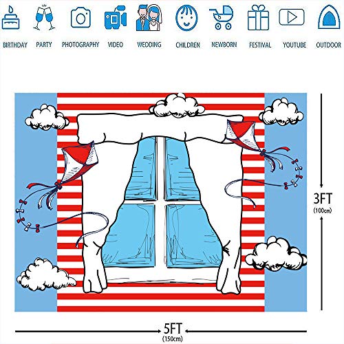 Cartoon Window Backdrops for Photography Kids Birthday Party Background 5x3ft Blue Red Kite Striped Kids Party Backdrop Boys Girls 1st Birthday Decorations Cake Table Banner Show Photo Booth Props