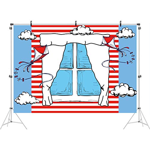 Cartoon Window Backdrops for Photography Kids Birthday Party Background 5x3ft Blue Red Kite Striped Kids Party Backdrop Boys Girls 1st Birthday Decorations Cake Table Banner Show Photo Booth Props