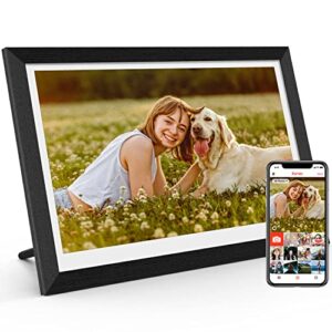 2023 frameo 15.6’’ large digital picture frame with 1920x1080p fhd ips touch screen, up to 128gb wooden wifi electronic photo frame wall mountable easy setup to share photos videos instantly anywhere