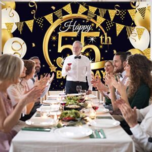 Birthday Party Decoration Extra Large Fabric Black Gold Sign Poster for Anniversary Photo Booth Backdrop Background Banner, Birthday Party Supplies,72.8 x 43.3 Inch (55th)
