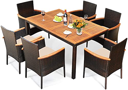 Tangkula 7 Pieces Outdoor Dining Set, Patiojoy Wicker Conversation Set with Umbrella Hole, Stackable Rattan Chairs w/Soft Cushion, Table & Chairs Set with Acacia Wood Tabletop for Garden, Backyard