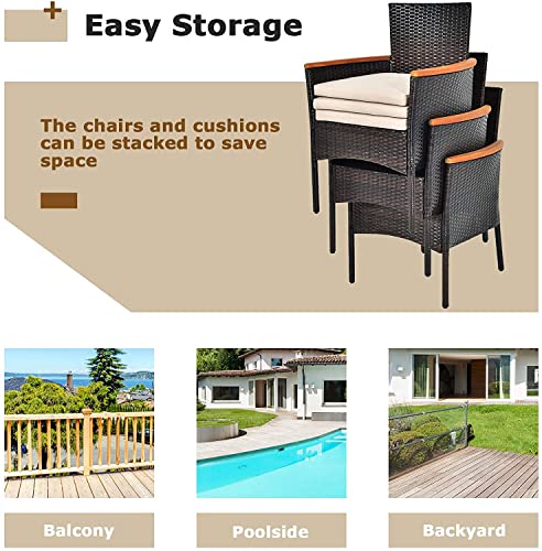 Tangkula 7 Pieces Outdoor Dining Set, Patiojoy Wicker Conversation Set with Umbrella Hole, Stackable Rattan Chairs w/Soft Cushion, Table & Chairs Set with Acacia Wood Tabletop for Garden, Backyard