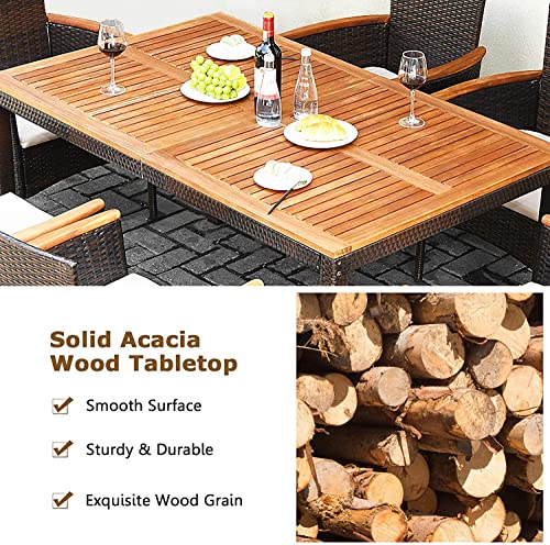 Tangkula 7 Pieces Outdoor Dining Set, Patiojoy Wicker Conversation Set with Umbrella Hole, Stackable Rattan Chairs w/Soft Cushion, Table & Chairs Set with Acacia Wood Tabletop for Garden, Backyard