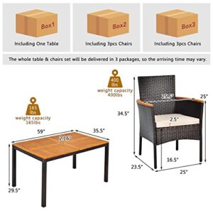 Tangkula 7 Pieces Outdoor Dining Set, Patiojoy Wicker Conversation Set with Umbrella Hole, Stackable Rattan Chairs w/Soft Cushion, Table & Chairs Set with Acacia Wood Tabletop for Garden, Backyard