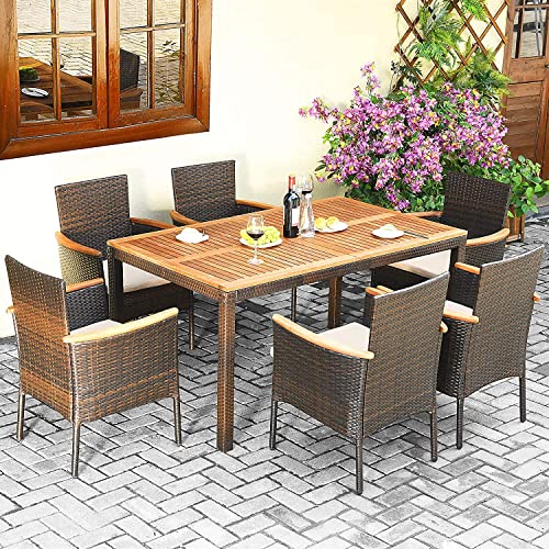 Tangkula 7 Pieces Outdoor Dining Set, Patiojoy Wicker Conversation Set with Umbrella Hole, Stackable Rattan Chairs w/Soft Cushion, Table & Chairs Set with Acacia Wood Tabletop for Garden, Backyard