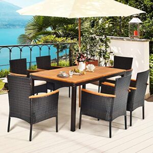 Tangkula 7 Pieces Outdoor Dining Set, Patiojoy Wicker Conversation Set with Umbrella Hole, Stackable Rattan Chairs w/Soft Cushion, Table & Chairs Set with Acacia Wood Tabletop for Garden, Backyard