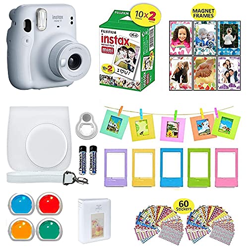 Fujifilm Instax Mini 11 Instant Camera Ice White + Shutter Compatible Carrying Case + Fuji Film Value Pack (20 Sheets) + Shutter Accessories Bundle, Color Filters, Photo Album, Assorted Frames