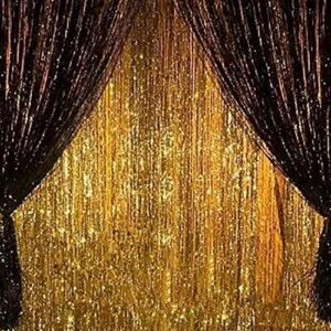 2pcs 3′ x 8′ black and gold metallic tinsel foil fringe curtain backdrop for 2023 new years eve, halloween party, graduation decoration