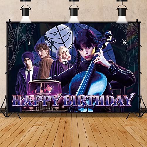 Wednesday New Addams Happy Birthday Backdrop,5x3 ft Wednesday Addams Happy Birthday Backdrop.Suitable for boys'girl Birthday Party Decoration