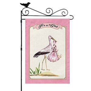 it’s a girl flamingo graden flag, stork garden flag, bird flag burlap vertical 12.5 x 18 double sided small flags for home yard indoor outdoor decoration