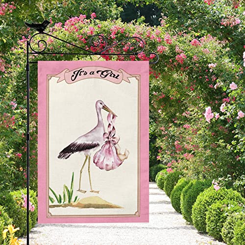 It's a Girl Flamingo Graden Flag, Stork Garden Flag, Bird Flag Burlap Vertical 12.5 X 18 Double Sided Small Flags for Home Yard Indoor Outdoor Decoration