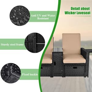 B BAIJIAWEI Patio Wicker Loveseat - Outdoor Rattan Sofa Set with Cushion - Adjustable Lounge Chair with Ottoman Footrest, Wicker Furniture for Garden, Patio, Balcony, Beach, Coffee Bar, Deck