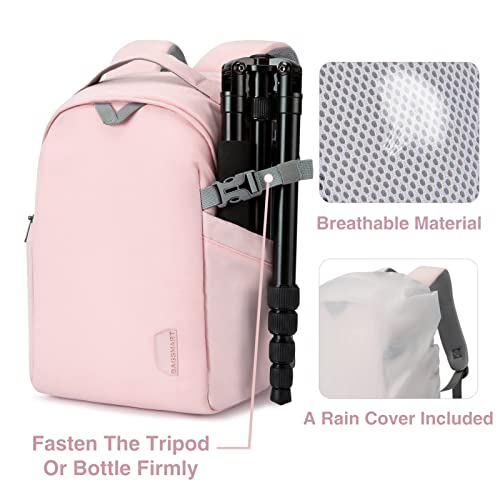 BAGSMART Camera Backpack, DSLR SLR Camera Bag Fits up to 13.3 Inch Laptop Water Resistant with Rain Cover, Tripod Holder for Women and Girls,Pink