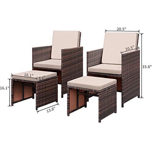 KaiMeng 4 Pieces Patio Furniture Space Saving Outdoor Brown Black Wicker Rattan Dining Sofa Chairs Cushioned Balcony Porch Sets with Ottomans (Beige)