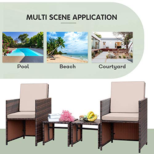 KaiMeng 4 Pieces Patio Furniture Space Saving Outdoor Brown Black Wicker Rattan Dining Sofa Chairs Cushioned Balcony Porch Sets with Ottomans (Beige)