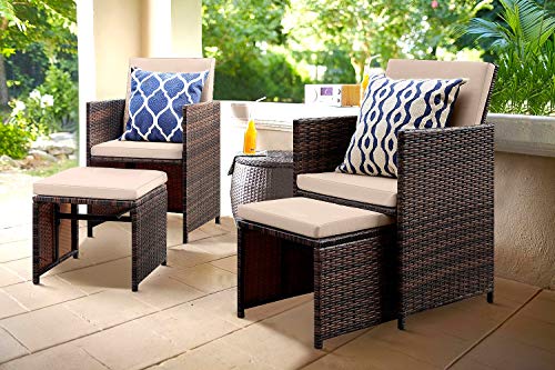 KaiMeng 4 Pieces Patio Furniture Space Saving Outdoor Brown Black Wicker Rattan Dining Sofa Chairs Cushioned Balcony Porch Sets with Ottomans (Beige)