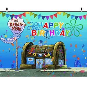 QHY 7x5ft Cartoon Animation Spongebob Theme Photography Backdrop Children Happy 1st Birthday Party Decorations Banner The Krusty Krab Photo Background Vinyl Baby Shower Booth Studio Props