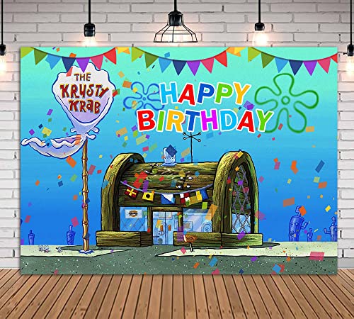 QHY 7x5ft Cartoon Animation Spongebob Theme Photography Backdrop Children Happy 1st Birthday Party Decorations Banner The Krusty Krab Photo Background Vinyl Baby Shower Booth Studio Props