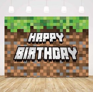 7x5ft pixel happy birthday backdrop for video game family birthday party supplies decorations mining dirt block banner pixel miner birthday banner photography background