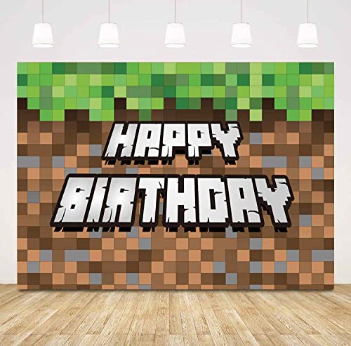 7x5ft Pixel Happy Birthday Backdrop for Video Game Family Birthday Party Supplies Decorations Mining Dirt Block Banner Pixel Miner Birthday Banner Photography Background