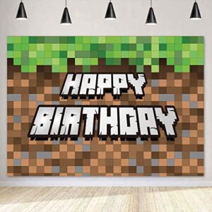 7x5ft Pixel Happy Birthday Backdrop for Video Game Family Birthday Party Supplies Decorations Mining Dirt Block Banner Pixel Miner Birthday Banner Photography Background