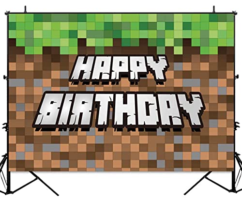 7x5ft Pixel Happy Birthday Backdrop for Video Game Family Birthday Party Supplies Decorations Mining Dirt Block Banner Pixel Miner Birthday Banner Photography Background