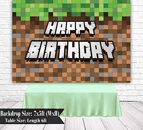 7x5ft Pixel Happy Birthday Backdrop for Video Game Family Birthday Party Supplies Decorations Mining Dirt Block Banner Pixel Miner Birthday Banner Photography Background