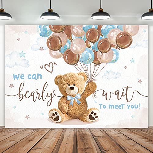 Imirell We Can Bearly Wait Backdrop 7Wx5H Feet Cute Cartoon Balloons Teddy Bear Baby Shower Party Photography Backgrounds for Boy Photo Shoot Decor Props Decorations