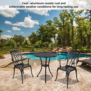 Polar Aurora 3 Piece Patio Bistro Set Cast Aluminum Bistro Table Set Outdoor Round Dining Table with Umbrella Hole for Porch, Lawn, Garden, Backyard, Pool,Black