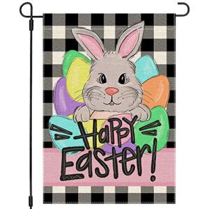 pandicorn happy easter garden flag 12×18 inch double sided, black buffalo plaid check spring easter bunny eggs decorations, small vertical welcome holiday decor for outdoor yard garden