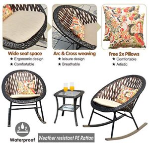 XIZZI Bistro Set Outdoor 3 Pieces Rocking Chair Patio Furniture with Glass Table and 2 Pillows,Beige