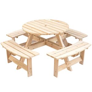 gardenised wooden outdoor patio garden round picnic table with bench, 8 person-natural