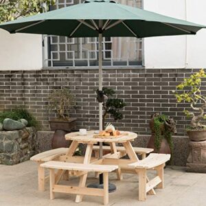 Gardenised Wooden Outdoor Patio Garden Round Picnic Table with Bench, 8 Person-Natural