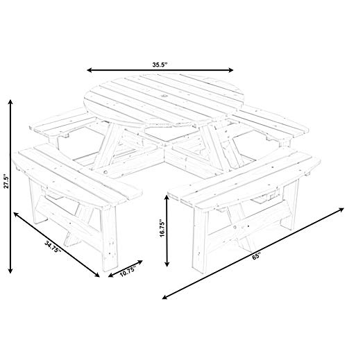 Gardenised Wooden Outdoor Patio Garden Round Picnic Table with Bench, 8 Person-Natural