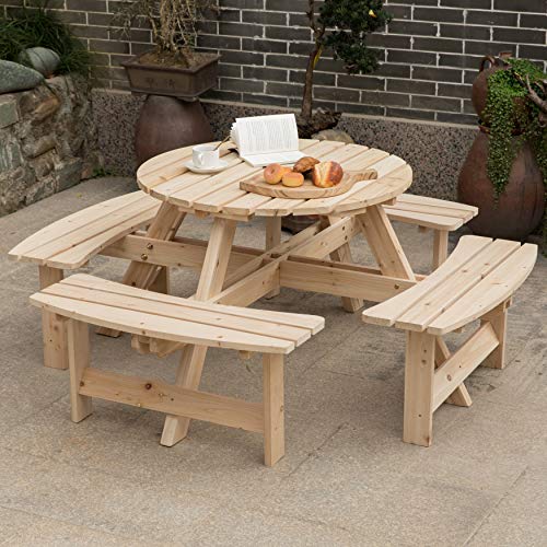 Gardenised Wooden Outdoor Patio Garden Round Picnic Table with Bench, 8 Person-Natural