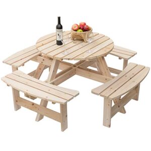 Gardenised Wooden Outdoor Patio Garden Round Picnic Table with Bench, 8 Person-Natural