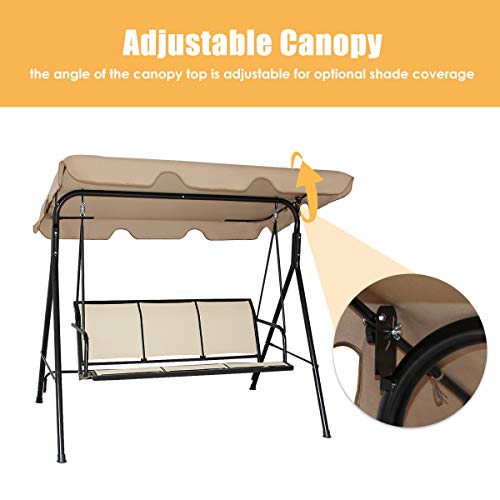 TANGKULA 3 Person Patio Swing, Steel Frame with Polyester Angle Adjustable Canopy, All Weather Resistant Swing Bench, Suitable for Patio, Garden, Poolside, Balcony (Brown)