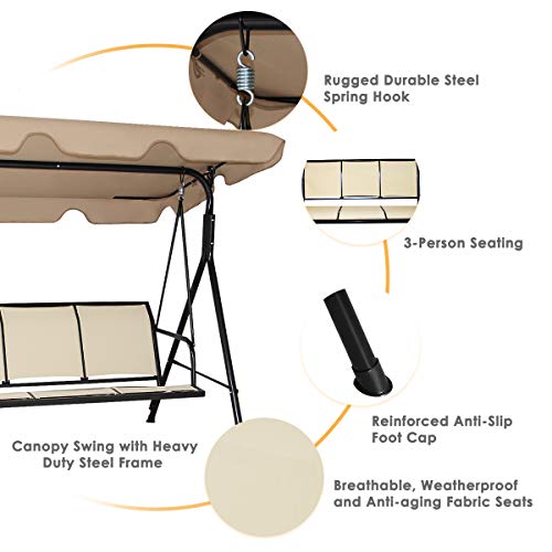 TANGKULA 3 Person Patio Swing, Steel Frame with Polyester Angle Adjustable Canopy, All Weather Resistant Swing Bench, Suitable for Patio, Garden, Poolside, Balcony (Brown)