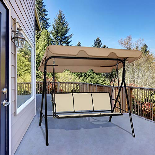 TANGKULA 3 Person Patio Swing, Steel Frame with Polyester Angle Adjustable Canopy, All Weather Resistant Swing Bench, Suitable for Patio, Garden, Poolside, Balcony (Brown)