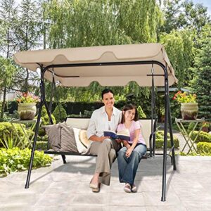 TANGKULA 3 Person Patio Swing, Steel Frame with Polyester Angle Adjustable Canopy, All Weather Resistant Swing Bench, Suitable for Patio, Garden, Poolside, Balcony (Brown)