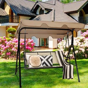 TANGKULA 3 Person Patio Swing, Steel Frame with Polyester Angle Adjustable Canopy, All Weather Resistant Swing Bench, Suitable for Patio, Garden, Poolside, Balcony (Brown)