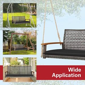 Tangkula 2-Person Outdoor Porch Swing with 118" Hanging Ropes, Patiojoy PE Wicker Patio Hanging Swing Bench with Soft Seat Cushion & 800 Lbs Weight Capacity, Suitable for Patio, Garden (Black)