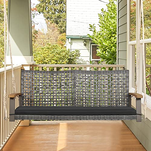 Tangkula 2-Person Outdoor Porch Swing with 118" Hanging Ropes, Patiojoy PE Wicker Patio Hanging Swing Bench with Soft Seat Cushion & 800 Lbs Weight Capacity, Suitable for Patio, Garden (Black)