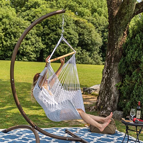 Lazy Daze Hammocks Hanging Chair Caribbean Swing Chair Hammock Chair w/Soft-Spun Cotton Rope, 40" Hardwood Spreader Bar Wide Seat, Max 300 Pounds, for Indoor Outdoor Garden Yard, White with Macrame