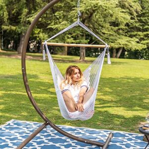 Lazy Daze Hammocks Hanging Chair Caribbean Swing Chair Hammock Chair w/Soft-Spun Cotton Rope, 40" Hardwood Spreader Bar Wide Seat, Max 300 Pounds, for Indoor Outdoor Garden Yard, White with Macrame