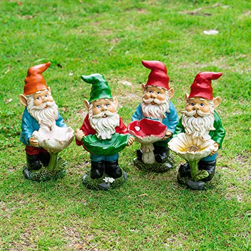 Garden Gnome Statue Set, Funny Garden Gnomes Lawn Ornaments Hold a Different Plant, Weather Resistant Gnome Sculpture and Statue Décor for Home Patio Yard Decorations…