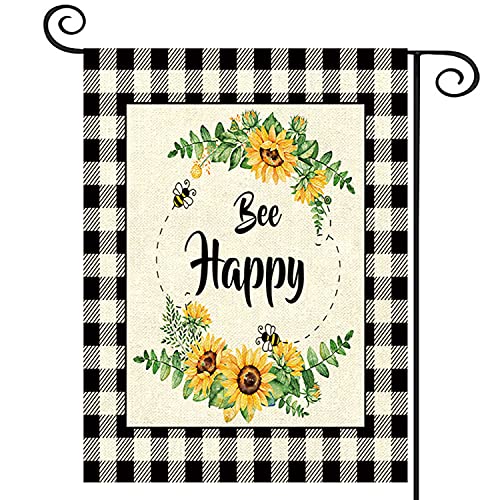 JAWO Welcome Sunflower Bee Happy Garden Flag, Spring Summer Flower Buffalo Plaid Check Decor Farmhouse Outside Decoration Outdoor Small Burlap Flags, Vertical Double Sided Seasonal Yard Flag 12"X18"