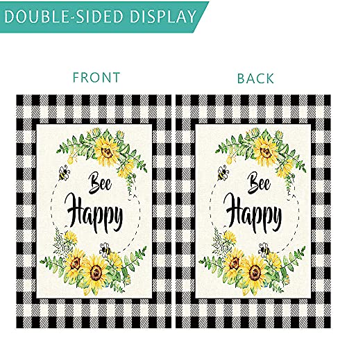 JAWO Welcome Sunflower Bee Happy Garden Flag, Spring Summer Flower Buffalo Plaid Check Decor Farmhouse Outside Decoration Outdoor Small Burlap Flags, Vertical Double Sided Seasonal Yard Flag 12"X18"