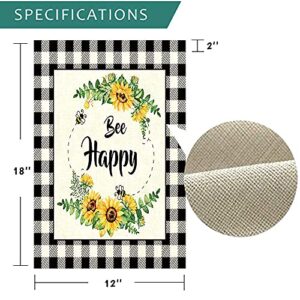 JAWO Welcome Sunflower Bee Happy Garden Flag, Spring Summer Flower Buffalo Plaid Check Decor Farmhouse Outside Decoration Outdoor Small Burlap Flags, Vertical Double Sided Seasonal Yard Flag 12"X18"